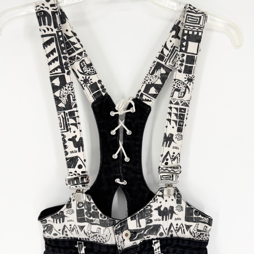 Wrangler Vintage 80s Printed Short Overalls Made in USA Retro Black Sz 11  Artsy - Picture 2 of 9